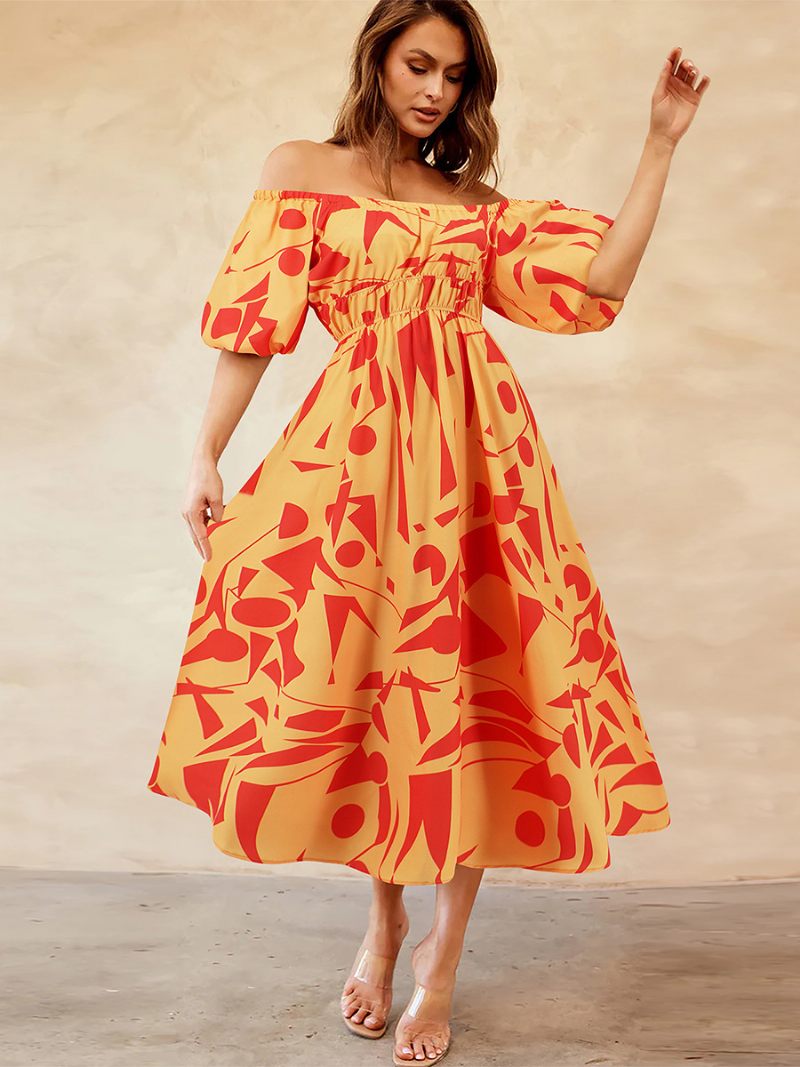 Robe Florale Pour Femmes Épaules Dénudées Manches Bouffantes Robes Mi-longues Décontractées D'été - Jaune