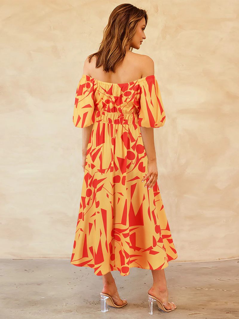 Robe Florale Pour Femmes Épaules Dénudées Manches Bouffantes Robes Mi-longues Décontractées D'été - Jaune