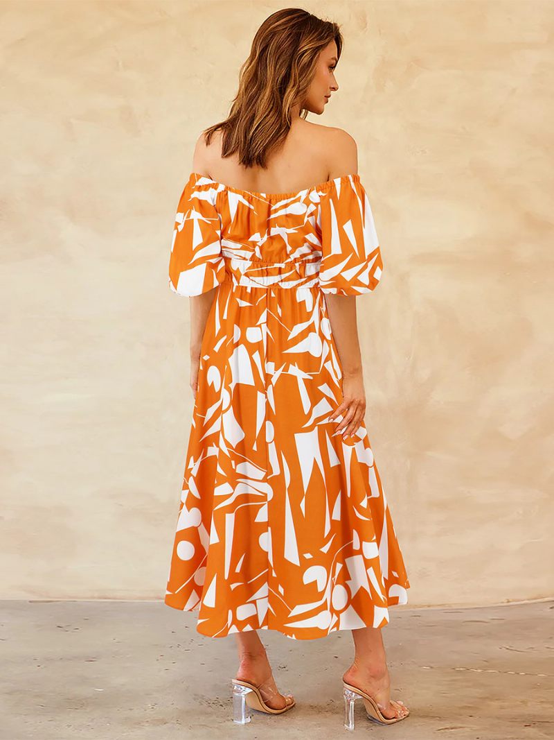 Robe Florale Pour Femmes Épaules Dénudées Manches Bouffantes Robes Mi-longues Décontractées D'été - Orange