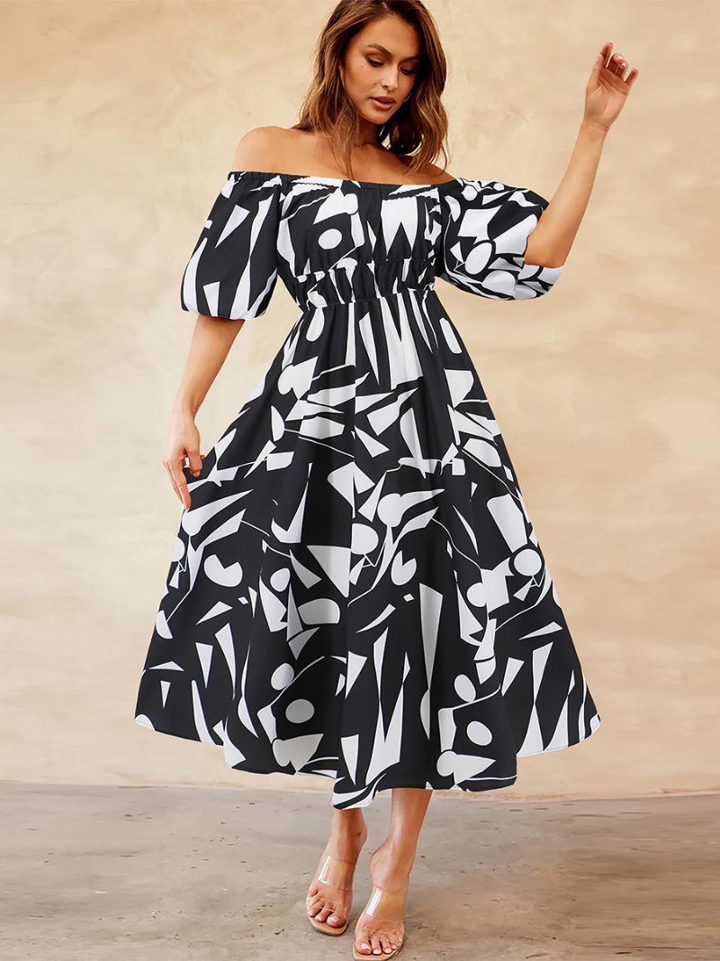 Robe Florale Pour Femmes Épaules Dénudées Manches Bouffantes Robes Mi-longues Décontractées D'été - Noir