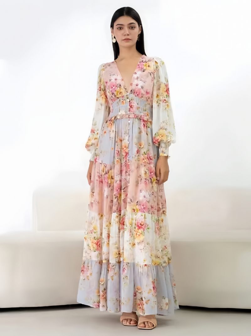 Robe Florale Pour Femmes Manches Longues Col V Boutons À Plusieurs Niveaux Robes Maxi D'été Sexy