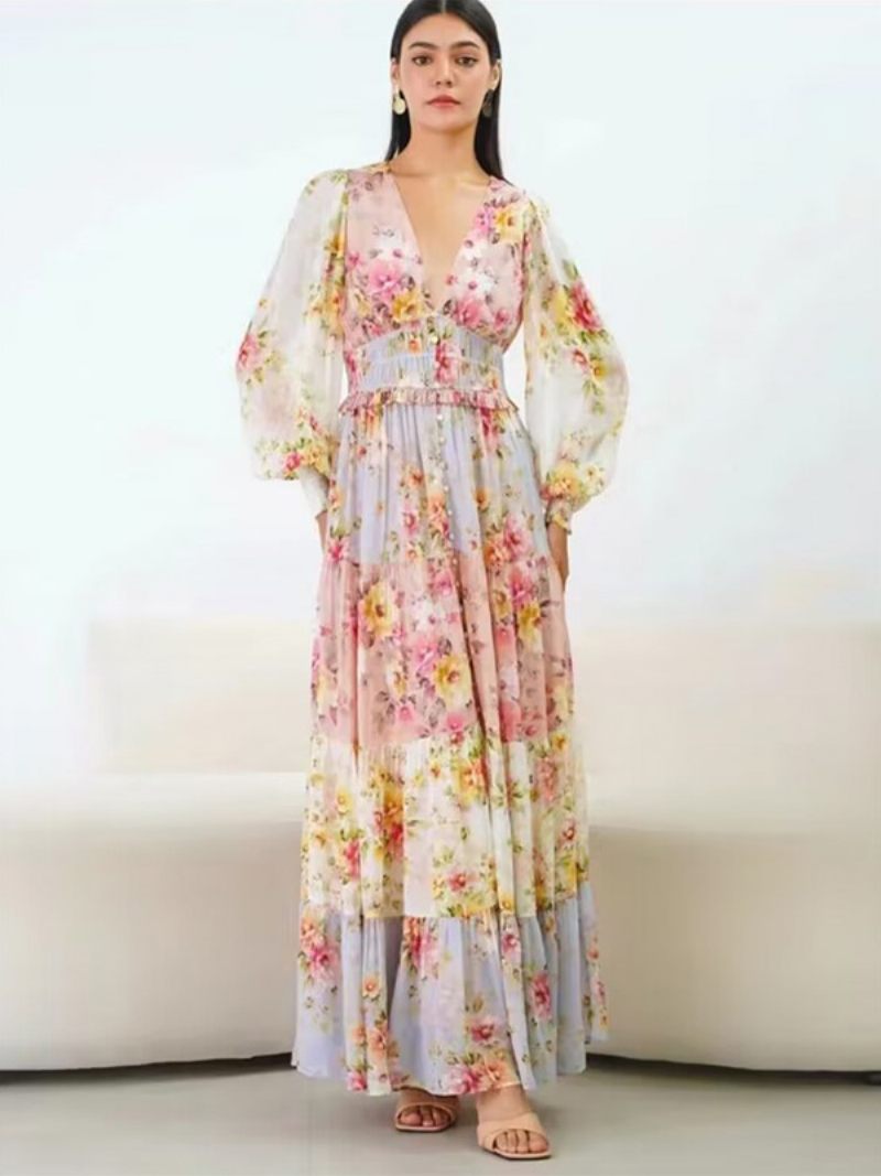 Robe Florale Pour Femmes Manches Longues Col V Boutons À Plusieurs Niveaux Robes Maxi D'été Sexy - Rose