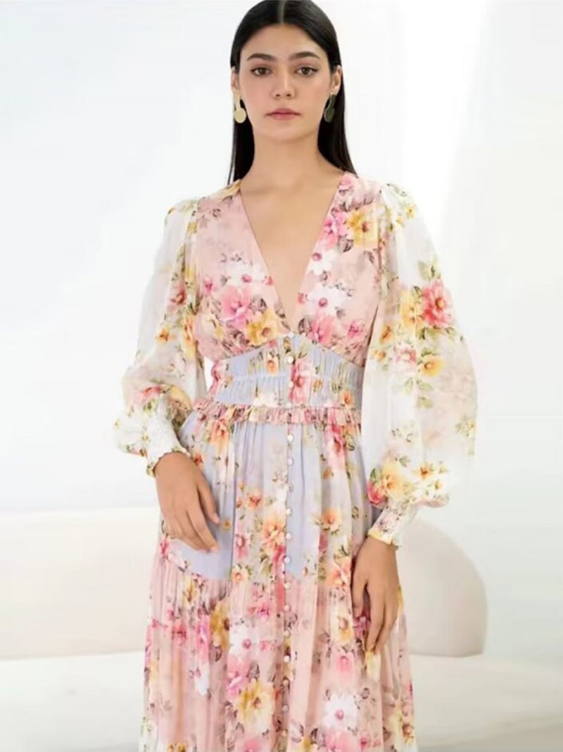 Robe Florale Pour Femmes Manches Longues Col V Boutons À Plusieurs Niveaux Robes Maxi D'été Sexy - Rose