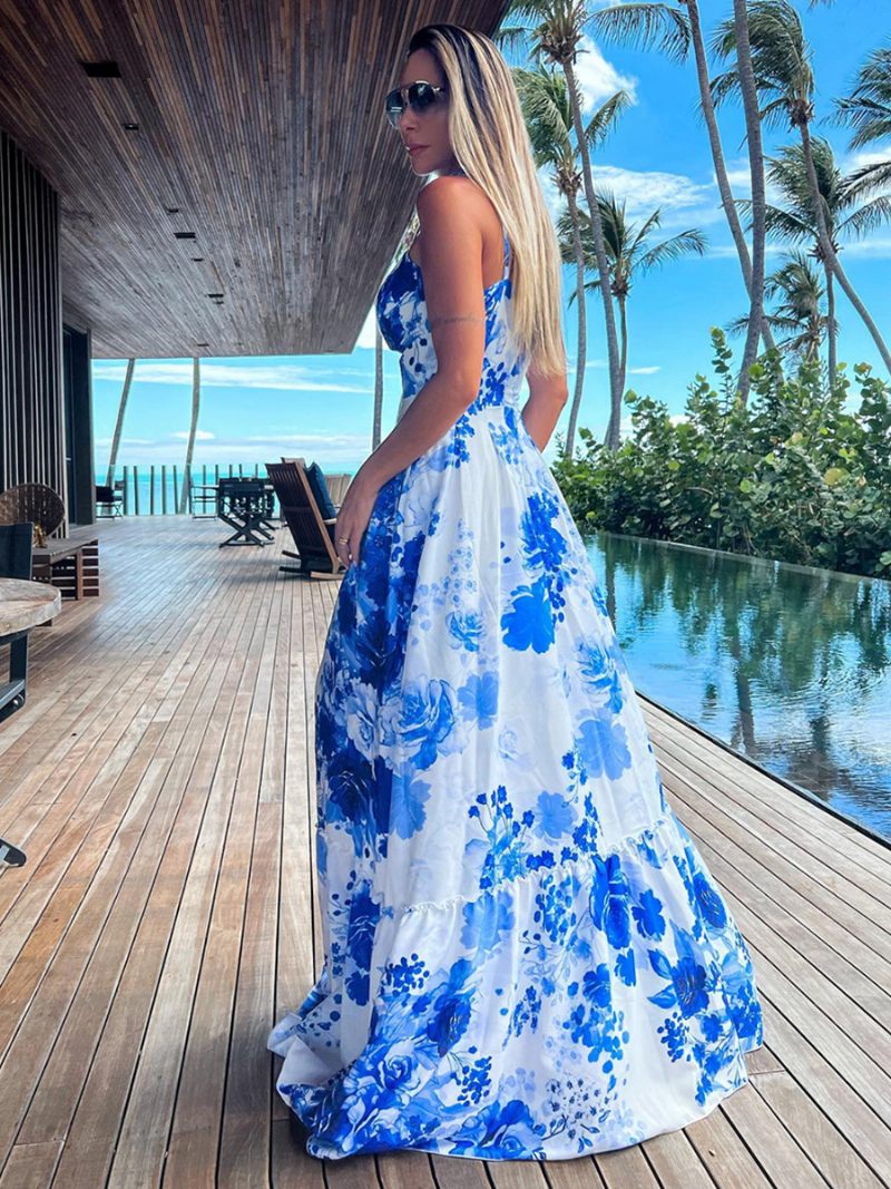 Robe Florale Ombrée Pour Femmes Bretelles Spaghetti Fente Haute Robes Maxi D'été Décontractées À Plusieurs Niveaux - Bleu