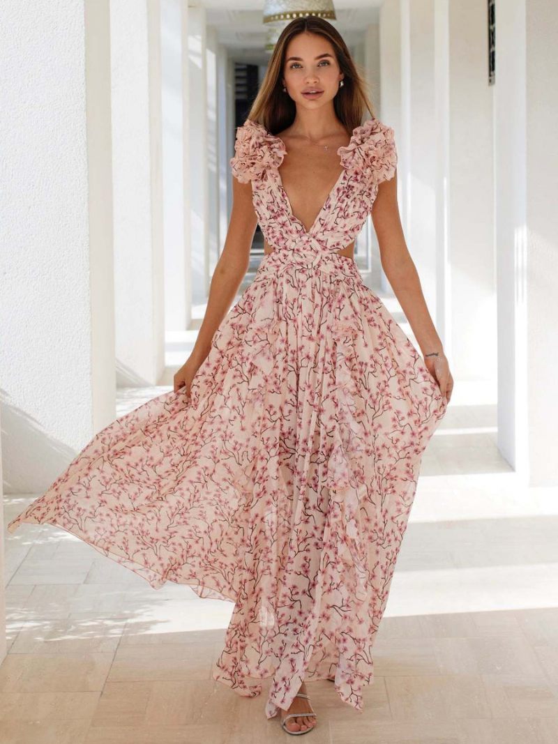 Robe Fluide À Fleurs Pour Femmes Décolleté Plongeant Fente Haute Dos Nu Robes Maxi Bohème - Rose