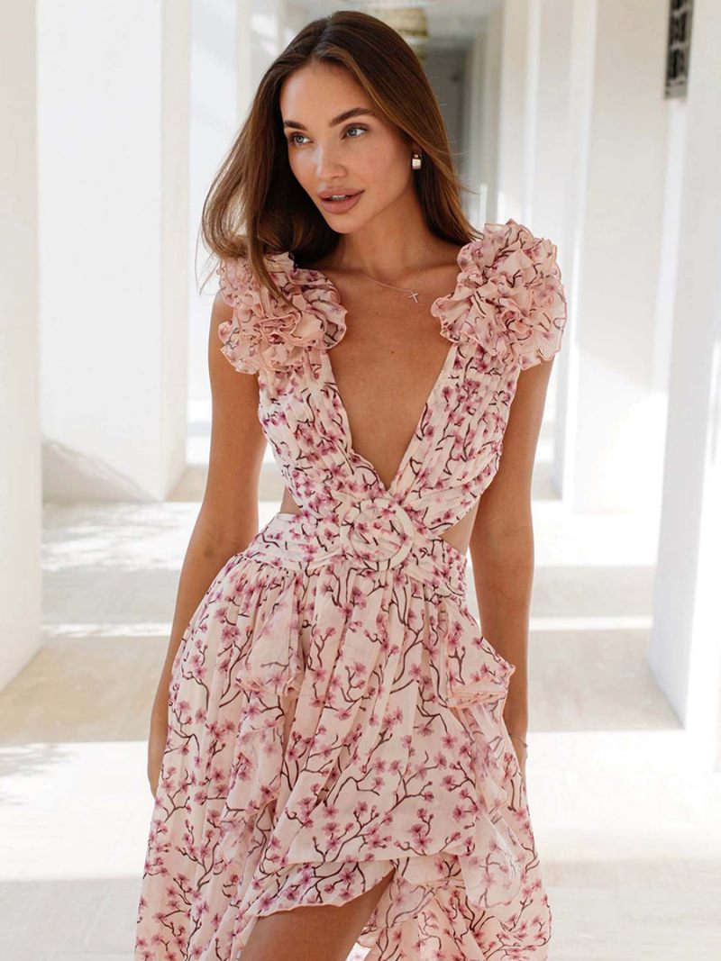 Robe Fluide À Fleurs Pour Femmes Décolleté Plongeant Fente Haute Dos Nu Robes Maxi Bohème - Rose