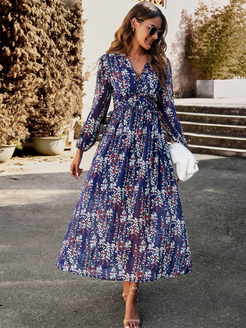 Robe Imprimée Pour Femmes Col V Manches Longues Fausse Portefeuille Robes Maxi Élégantes Et Décontractées - Bleu Marine Foncé