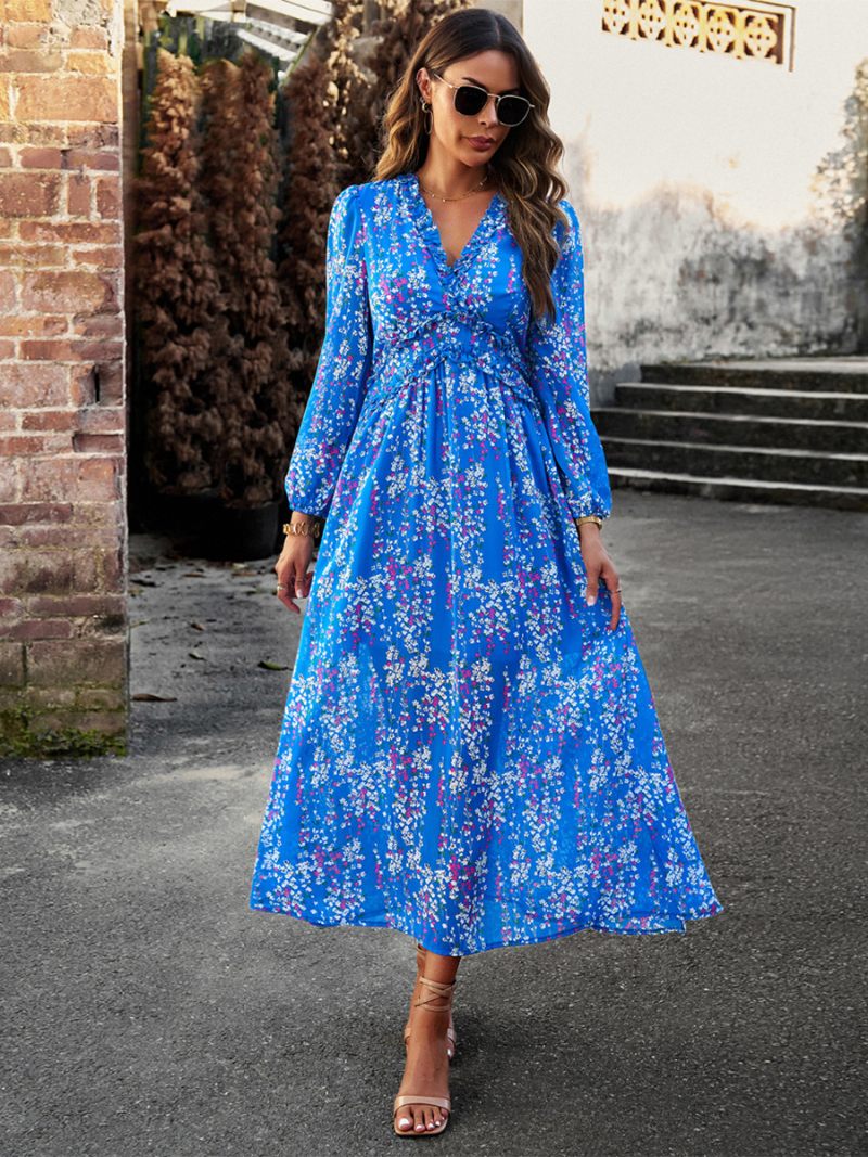 Robe Imprimée Pour Femmes Col V Manches Longues Fausse Portefeuille Robes Maxi Élégantes Et Décontractées - Bleu