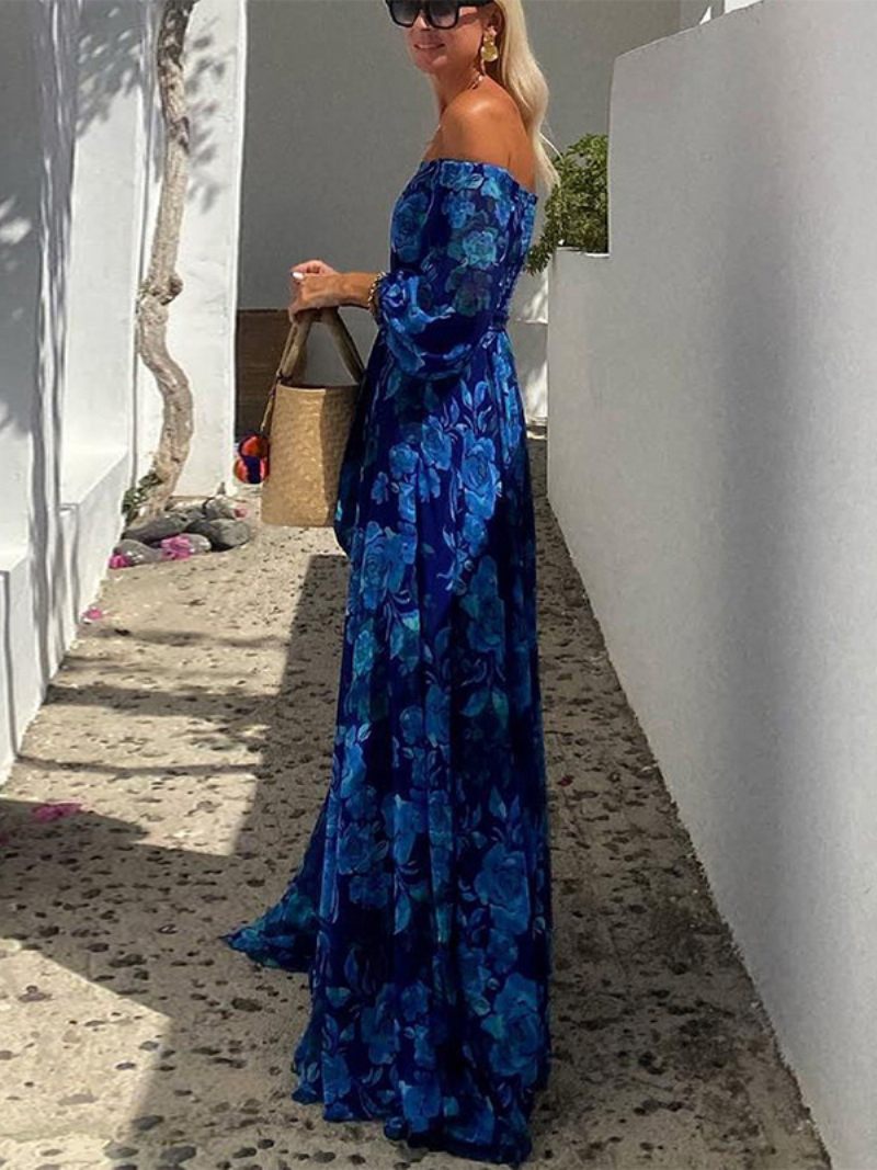 Robe Imprimée Pour Femmes Épaules Dénudées Manches Trois Quarts Robes Longues Décontractées Printemps - Bleu