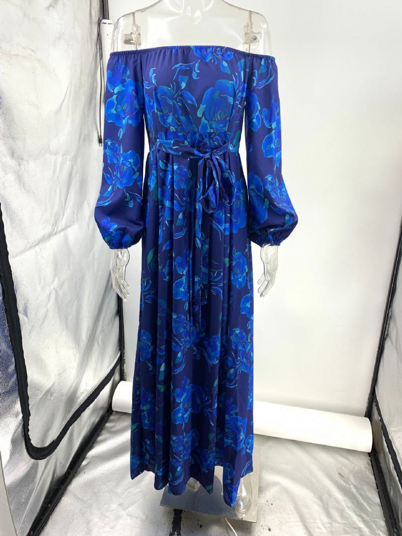 Robe Imprimée Pour Femmes Épaules Dénudées Manches Trois Quarts Robes Longues Décontractées Printemps - Bleu