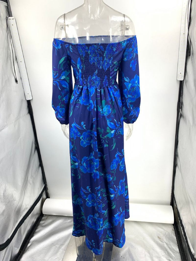 Robe Imprimée Pour Femmes Épaules Dénudées Manches Trois Quarts Robes Longues Décontractées Printemps - Bleu