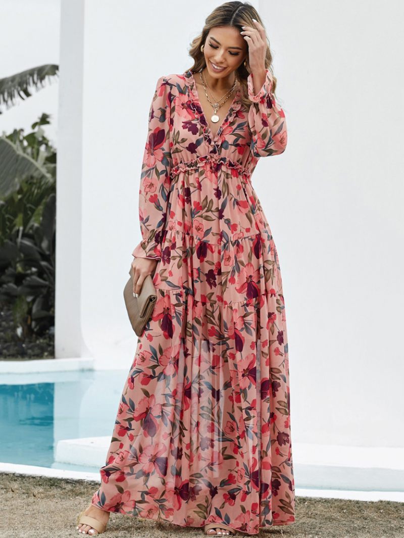 Robe Imprimée Florale Pour Femmes Col V Volants À Plusieurs Niveaux Manches Longues Style Boho Robes Maxi