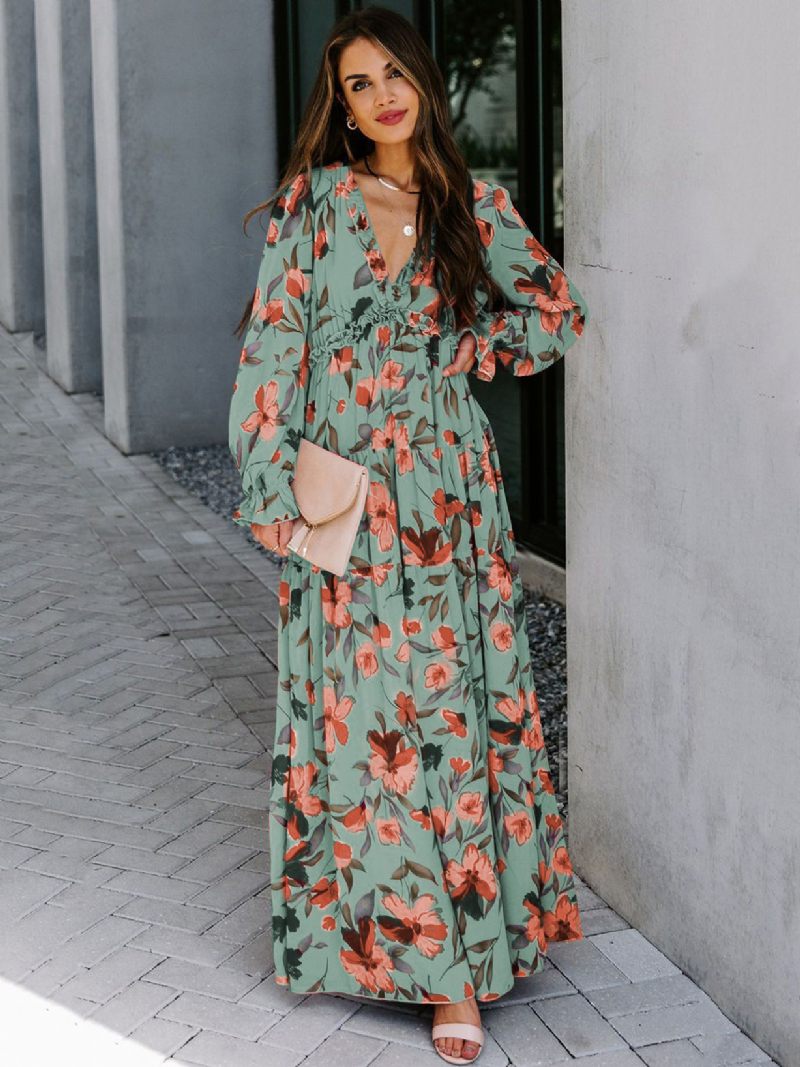 Robe Imprimée Florale Pour Femmes Col V Volants À Plusieurs Niveaux Manches Longues Style Boho Robes Maxi - Vert