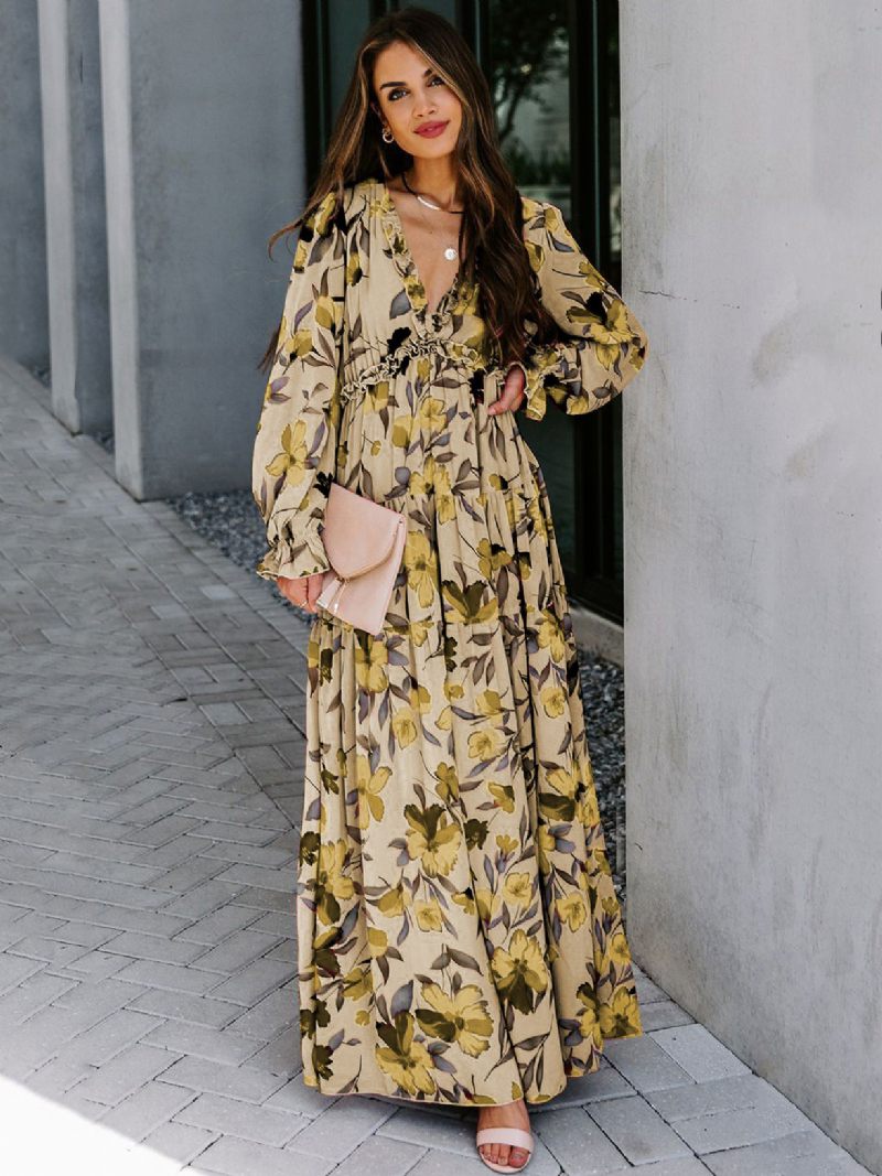 Robe Imprimée Florale Pour Femmes Col V Volants À Plusieurs Niveaux Manches Longues Style Boho Robes Maxi - Jaune