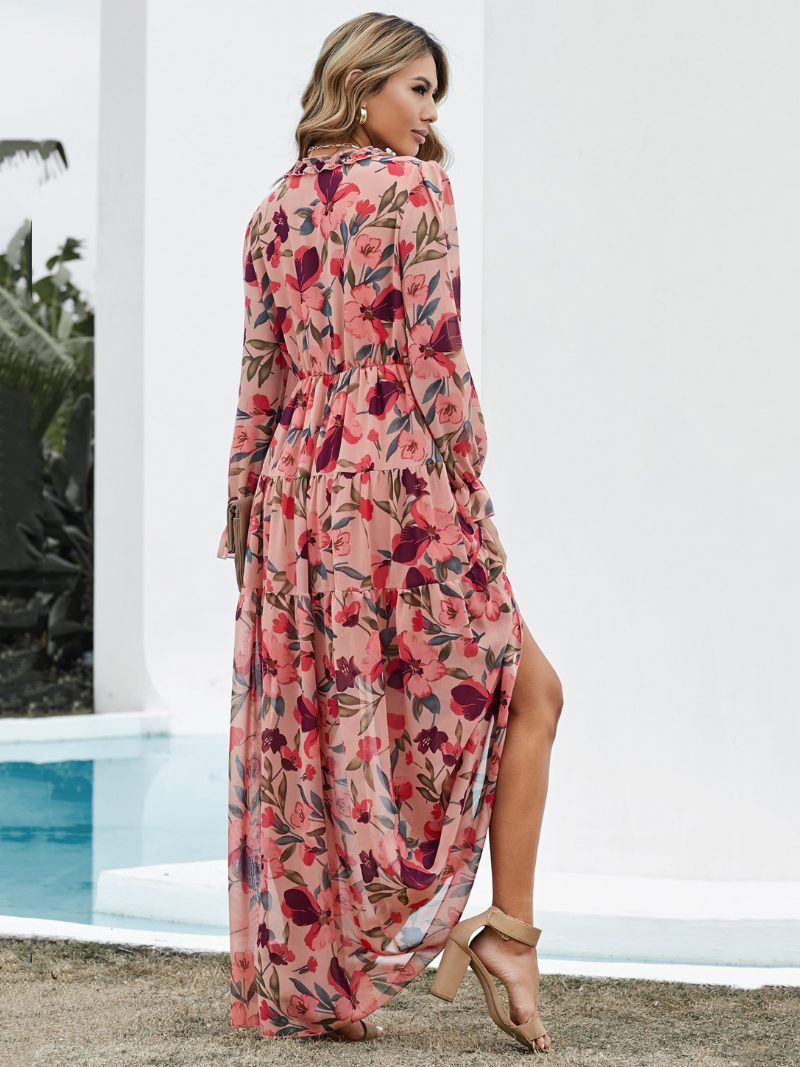 Robe Imprimée Florale Pour Femmes Col V Volants À Plusieurs Niveaux Manches Longues Style Boho Robes Maxi - Rouge