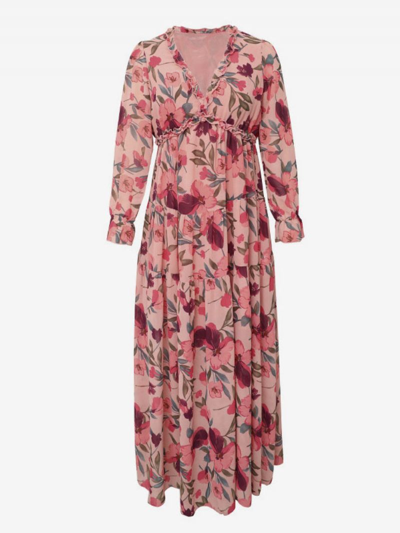 Robe Imprimée Florale Pour Femmes Col V Volants À Plusieurs Niveaux Manches Longues Style Boho Robes Maxi - Rouge