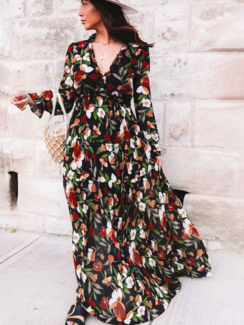 Robe Imprimée Florale Pour Femmes Col V Volants À Plusieurs Niveaux Manches Longues Style Boho Robes Maxi - Noir