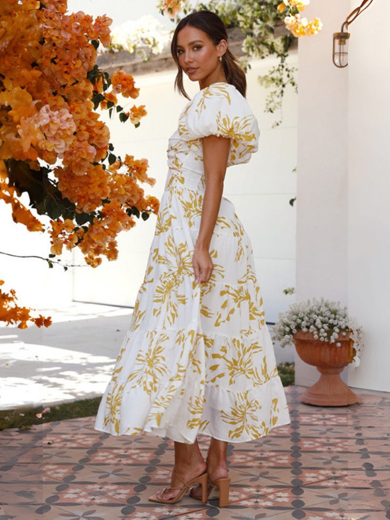 Robe Imprimée À Plusieurs Niveaux Pour Femmes Manches Bouffantes Découpes Forme Cœur Robes Longues - Jaune