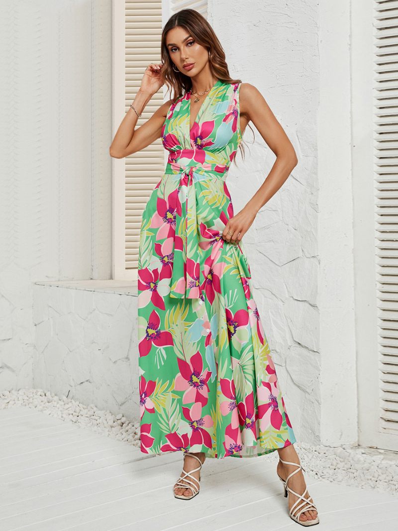 Robe Longue Asymétrique À Fleurs Pour Femmes Col V Ceinturée Sans Manches Robes Longues - Vert