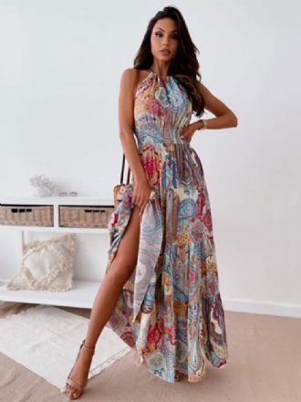 Robe Longue Bleue Sans Manches Pour Femmes Imprimé Floral Col Bijou Dos Nu Longueur Au Sol