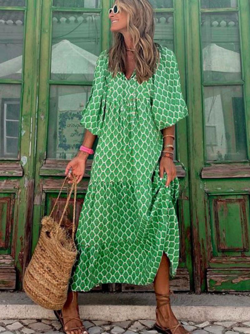 Robe Longue À Col Bijou Pour Femme Manches 3/4. Décontractée Imprimé Floral - Vert Clair