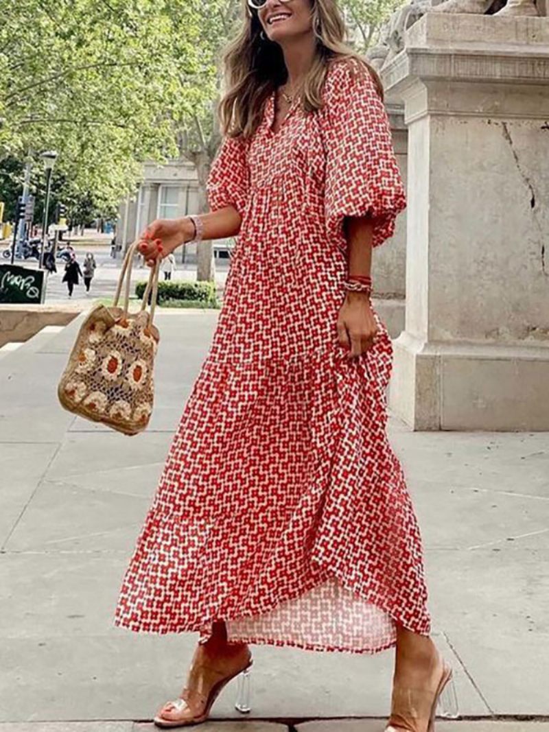 Robe Longue À Col Bijou Pour Femme Manches 3/4. Décontractée Imprimé Floral - Rouge