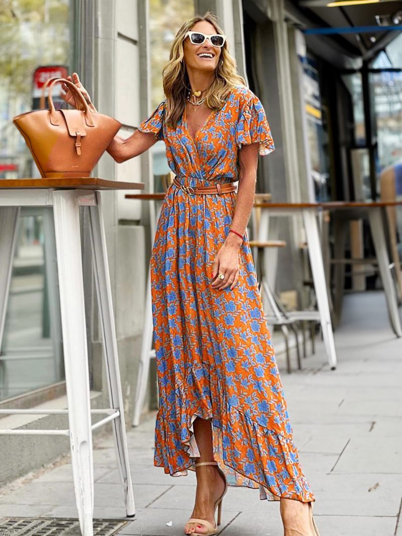 Robe Longue À Col V Pour Femmes Manches Courtes Ceinture Imprimée - Orange