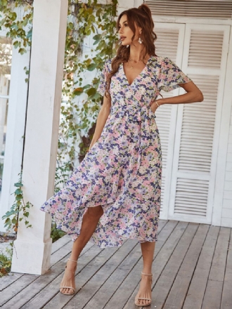 Robe Longue À Col V Pour Femmes Manches Courtes Imprimée Longueur Au Sol