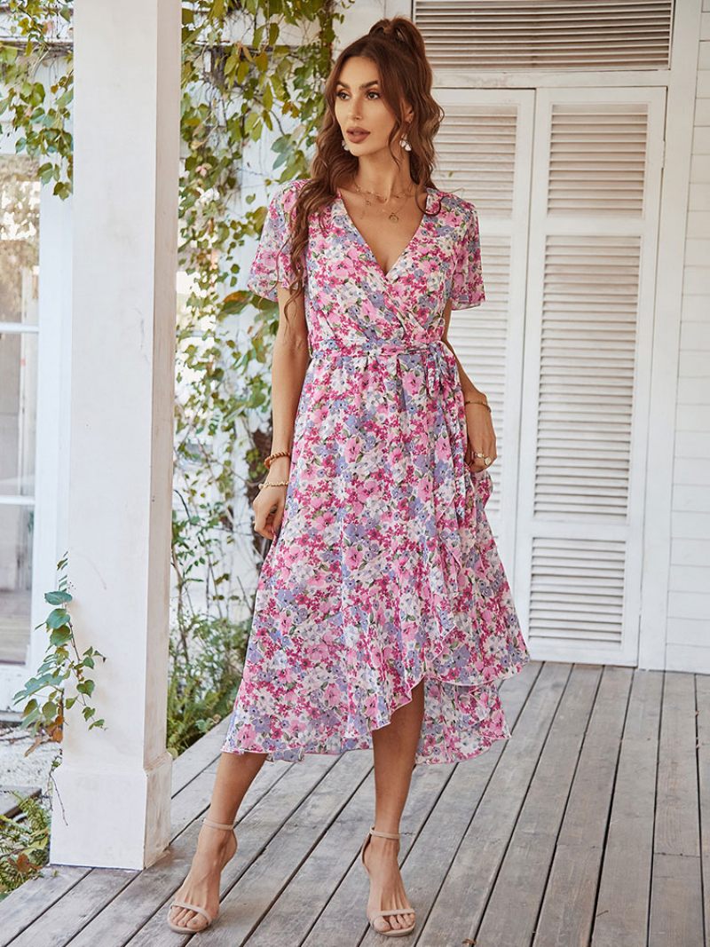 Robe Longue À Col V Pour Femmes Manches Courtes Imprimée Longueur Au Sol - Rose