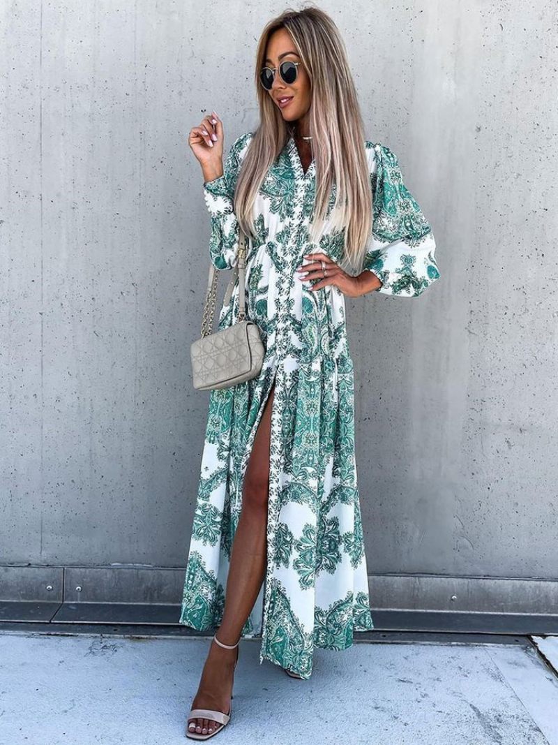 Robe Longue À Col V Pour Femmes Manches Longues Sexy Au Sol - Vert