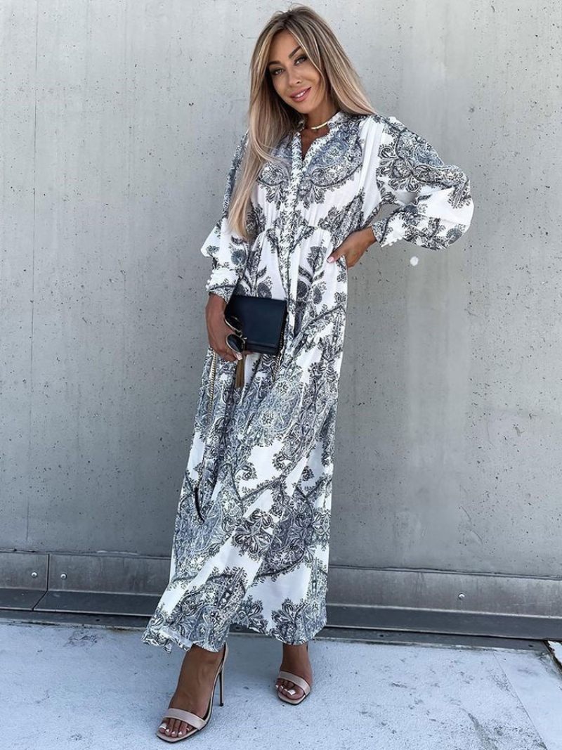 Robe Longue À Col V Pour Femmes Manches Longues Sexy Au Sol - Gris