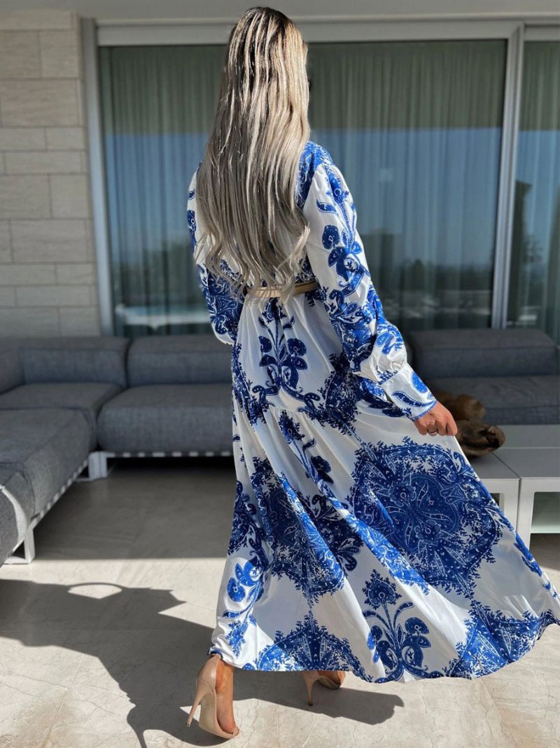 Robe Longue À Col V Pour Femmes Manches Longues Sexy Au Sol - Bleu