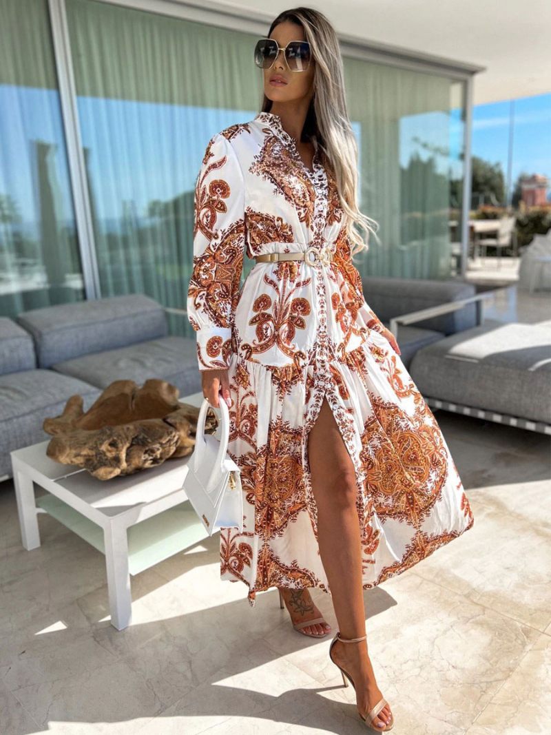 Robe Longue À Col V Pour Femmes Manches Longues Sexy Au Sol - Orange