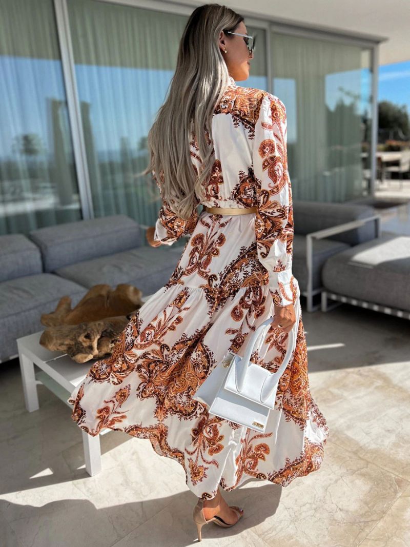 Robe Longue À Col V Pour Femmes Manches Longues Sexy Au Sol - Orange