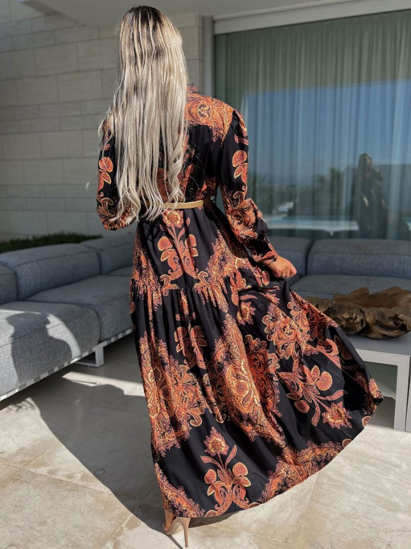 Robe Longue À Col V Pour Femmes Manches Longues Sexy Au Sol - Noir