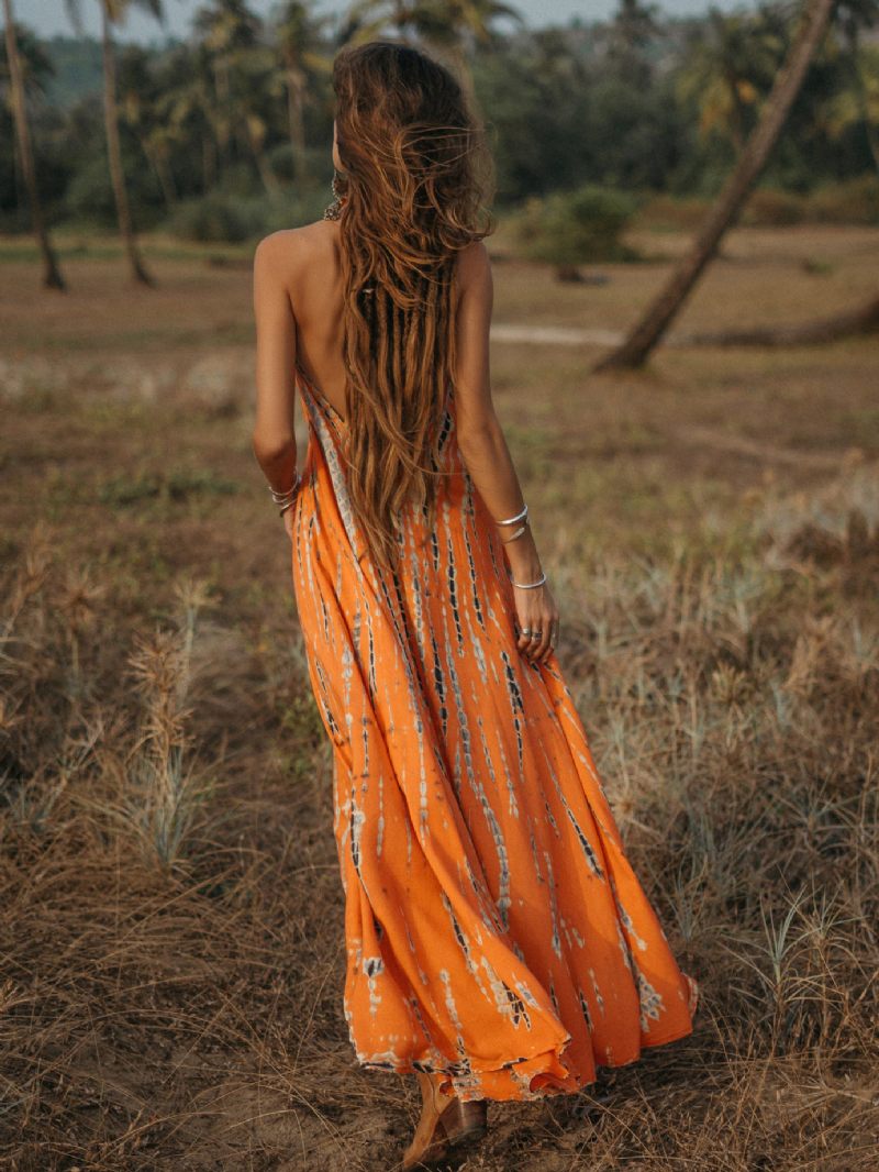 Robe Longue À Col V Pour Femmes Sans Manches Imprimée Longueur Au Sol - Jaune