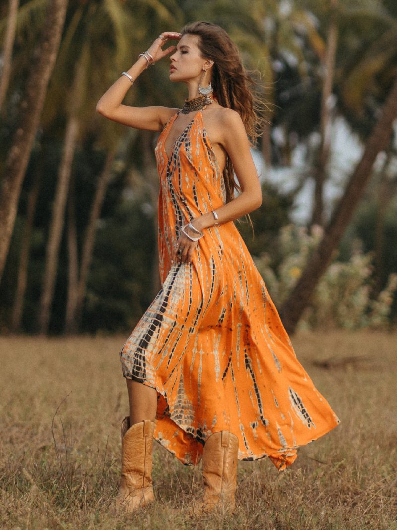 Robe Longue À Col V Pour Femmes Sans Manches Imprimée Longueur Au Sol - Jaune