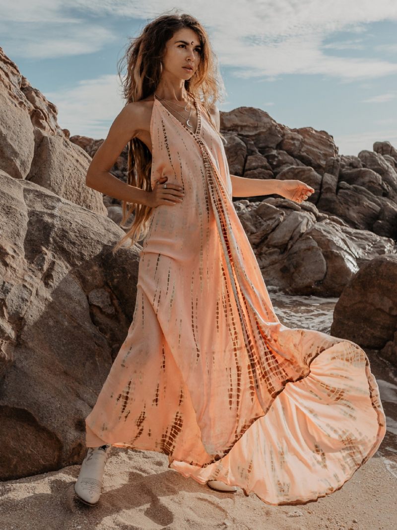 Robe Longue À Col V Pour Femmes Sans Manches Imprimée Longueur Au Sol - Rose Lotus