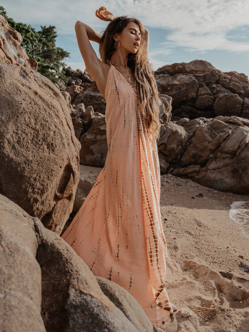 Robe Longue À Col V Pour Femmes Sans Manches Imprimée Longueur Au Sol - Rose Lotus