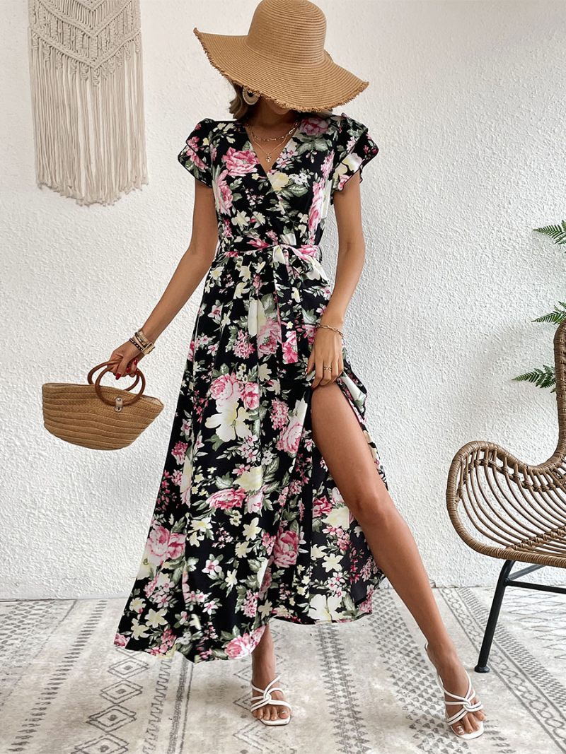 Robe Longue Décontractée À Col V Et Manches Courtes Pour Femmes Imprimé Floral Fente Haute Longueur Au Sol