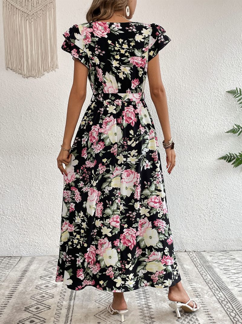 Robe Longue Décontractée À Col V Et Manches Courtes Pour Femmes Imprimé Floral Fente Haute Longueur Au Sol - Noir