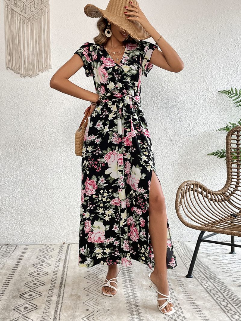 Robe Longue Décontractée À Col V Et Manches Courtes Pour Femmes Imprimé Floral Fente Haute Longueur Au Sol - Noir