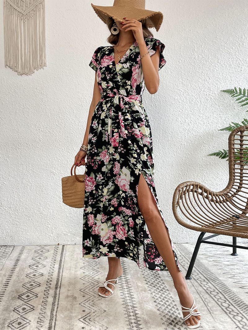 Robe Longue Décontractée À Col V Et Manches Courtes Pour Femmes Imprimé Floral Fente Haute Longueur Au Sol - Noir