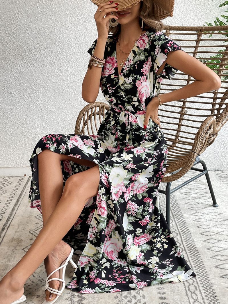 Robe Longue Décontractée À Col V Et Manches Courtes Pour Femmes Imprimé Floral Fente Haute Longueur Au Sol - Noir