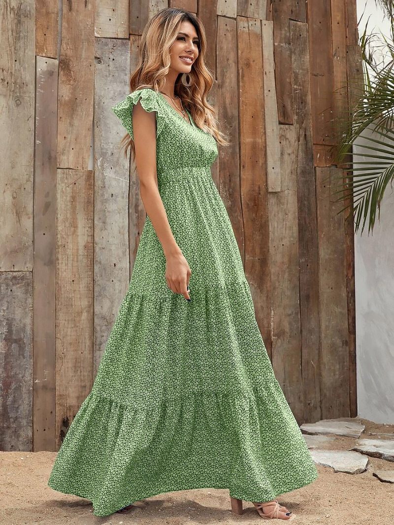 Robe Longue D'été Bleue Pour Femmes Col V Volants Imprimé Floral Plage - Vert