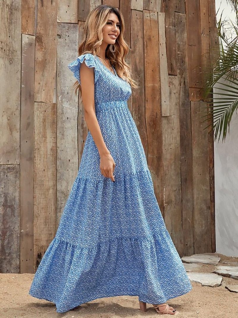 Robe Longue D'été Bleue Pour Femmes Col V Volants Imprimé Floral Plage - Bleu