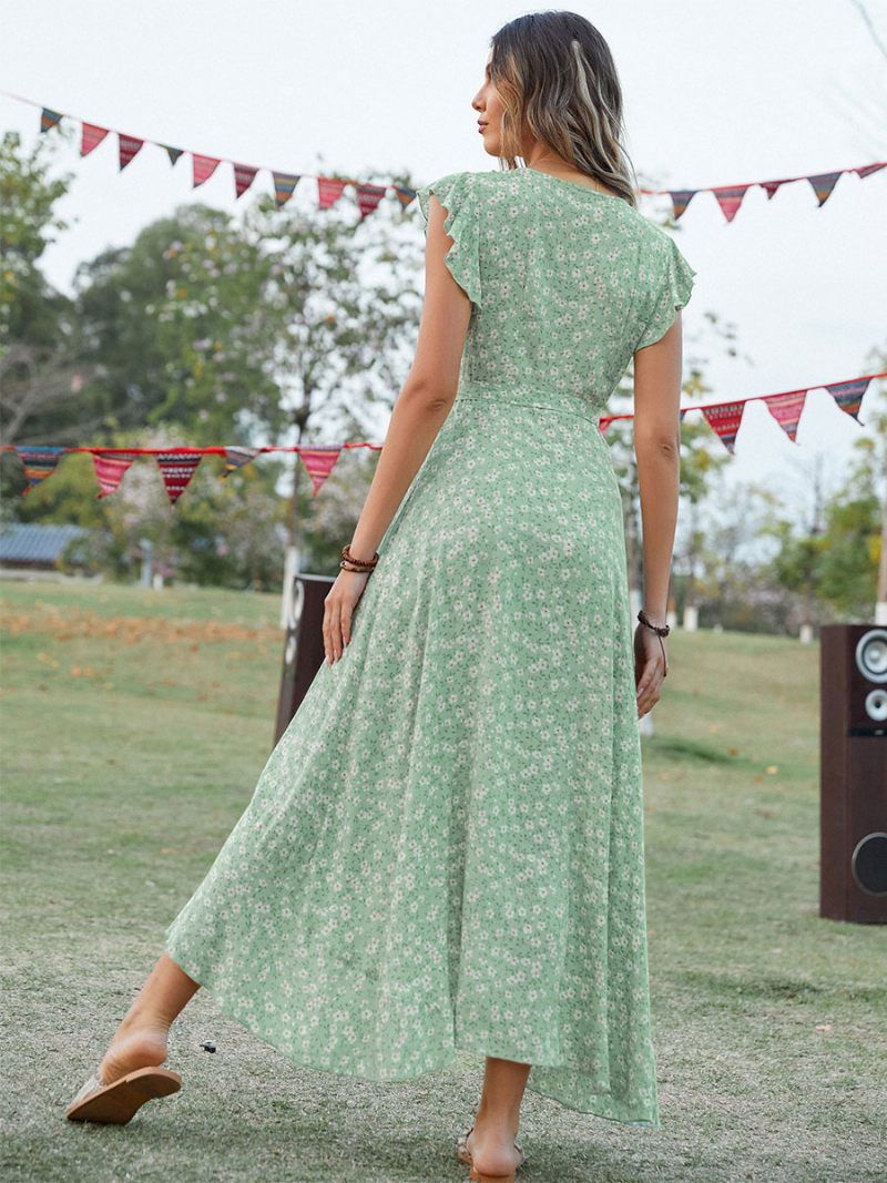 Robe Longue Pour Femmes Col V Manches Courtes Imprimée Longueur Au Sol - Vert Clair