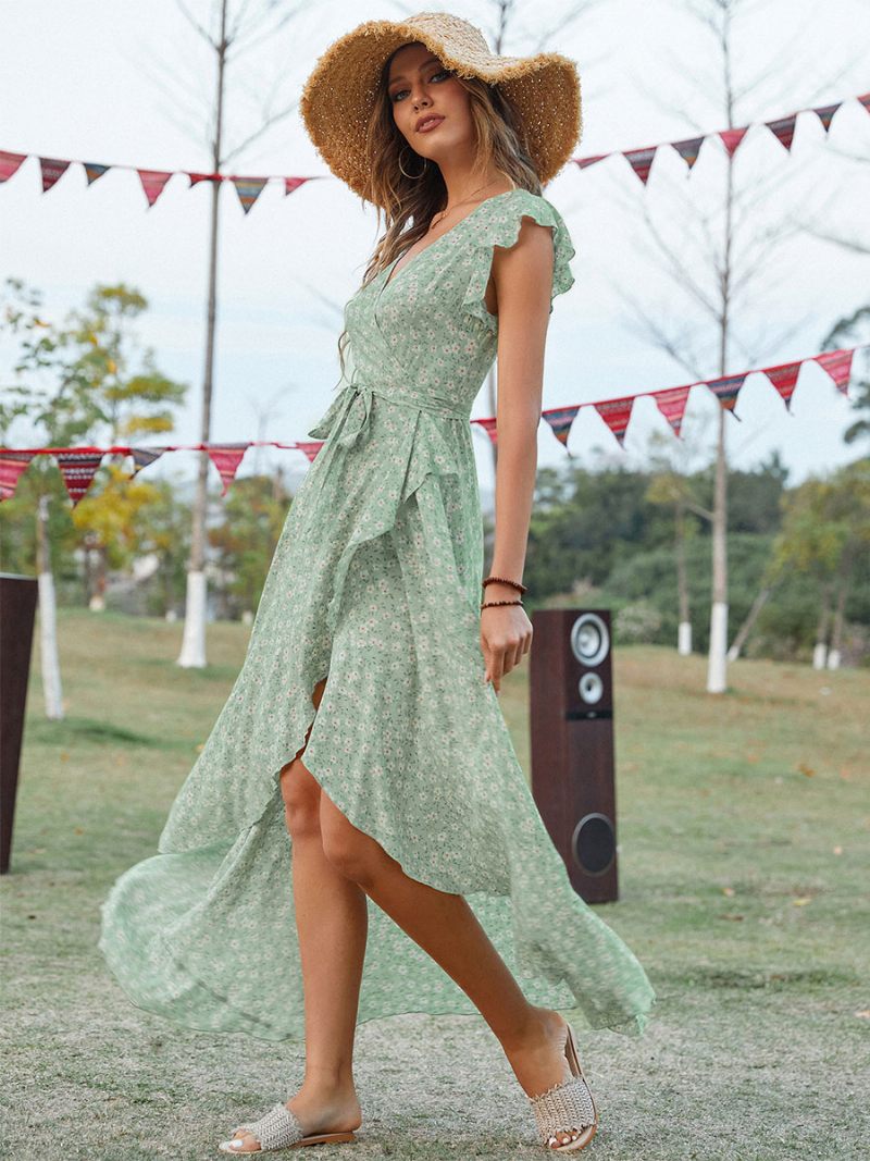 Robe Longue Pour Femmes Col V Manches Courtes Imprimée Longueur Au Sol - Vert Clair