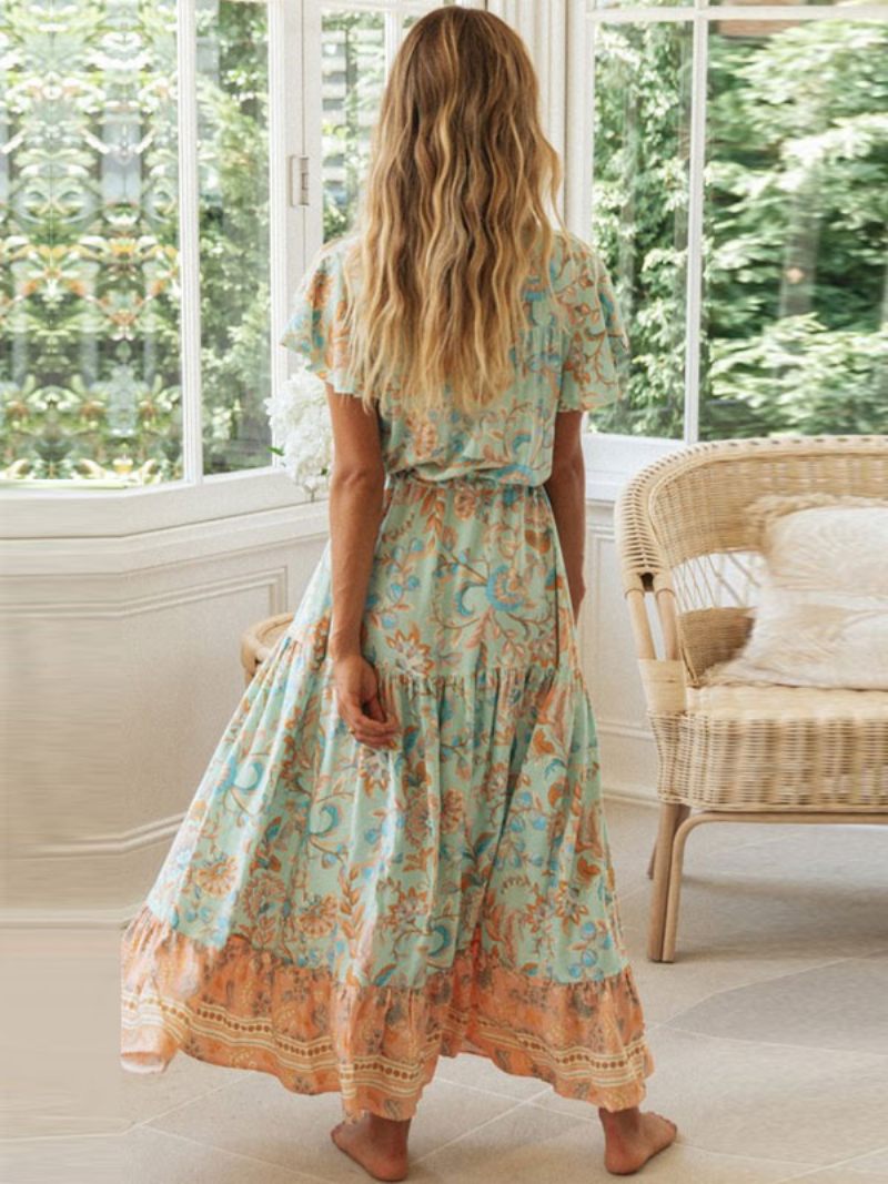 Robe Longue Pour Femmes Col V Manches Courtes Motif Imprimé Floral Plissée À Lacets Superposée Maxi - Vert Clair