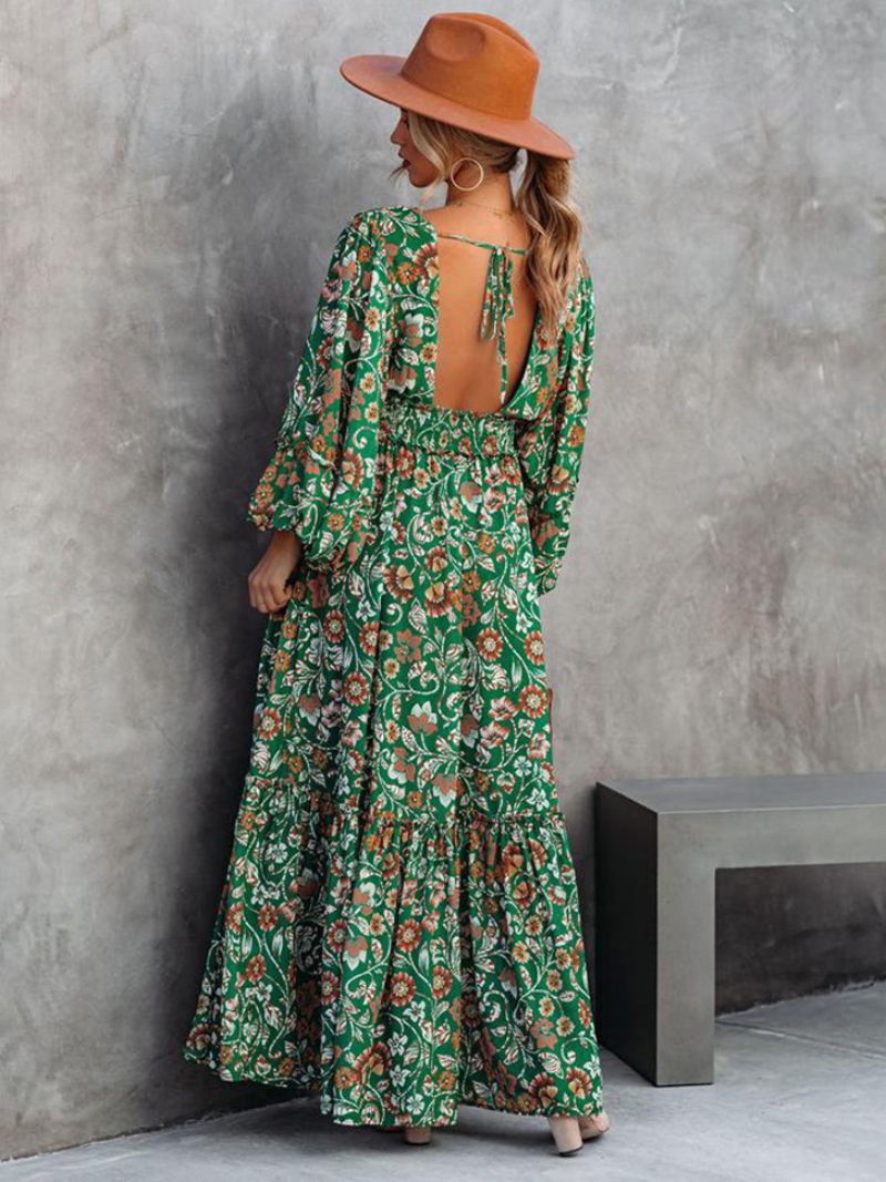 Robe Longue Pour Femmes Col V Manches Longues Imprimé Floral Décontracté Longueur Au Sol - Vert